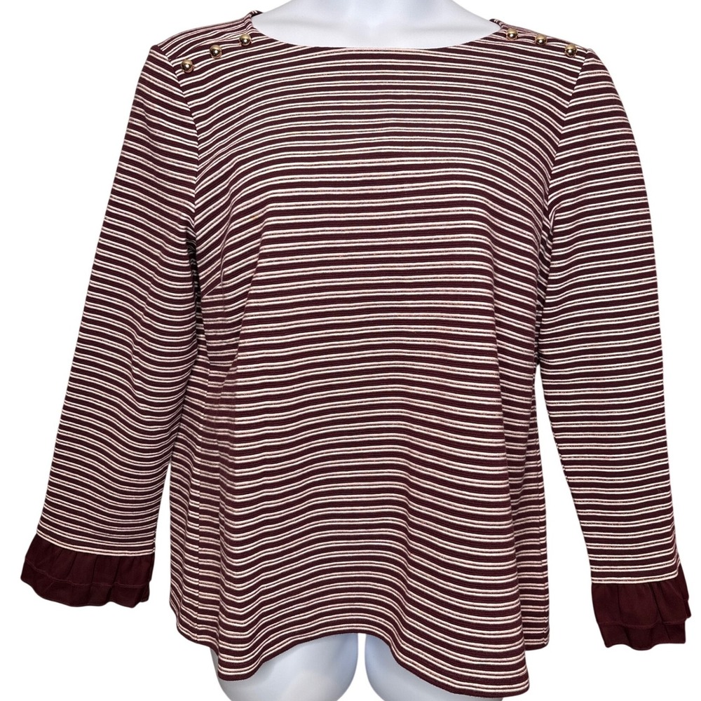 Talbots Womens Striped Long Sleeve Top Gold Button Ruffle Details‎ Sz XL Coastal